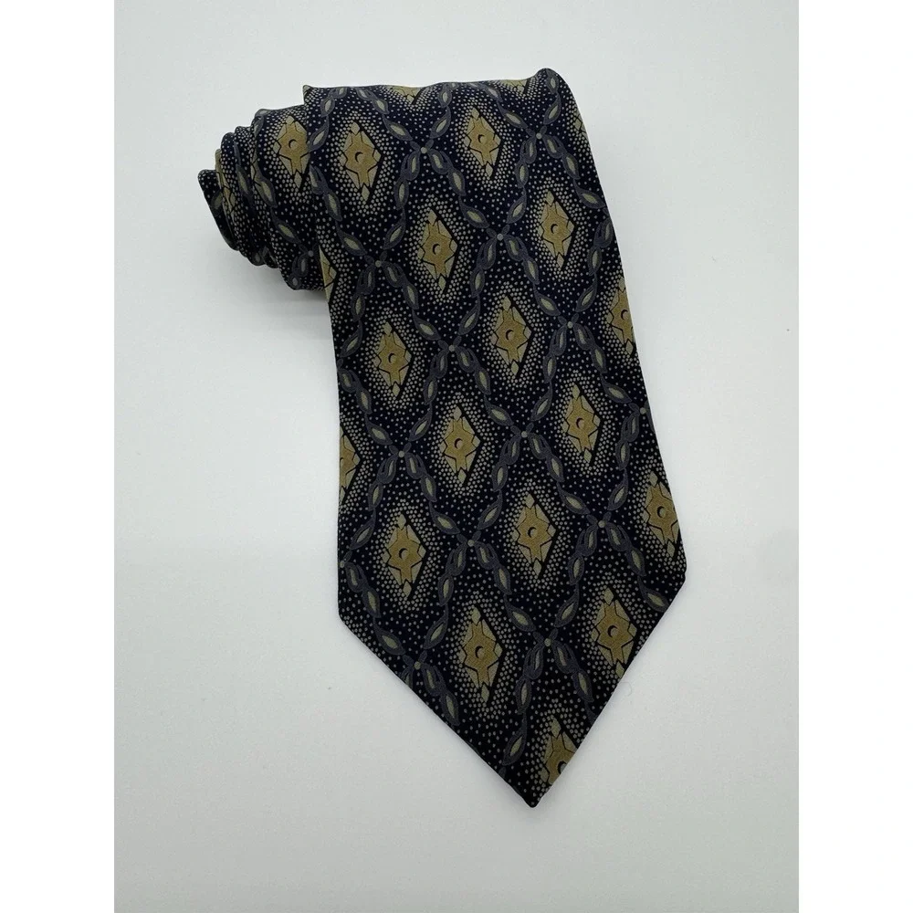 Giorgio Armani Cravatte‎ Silk Tie Black Gray Gold Geometric Medallion Pattern